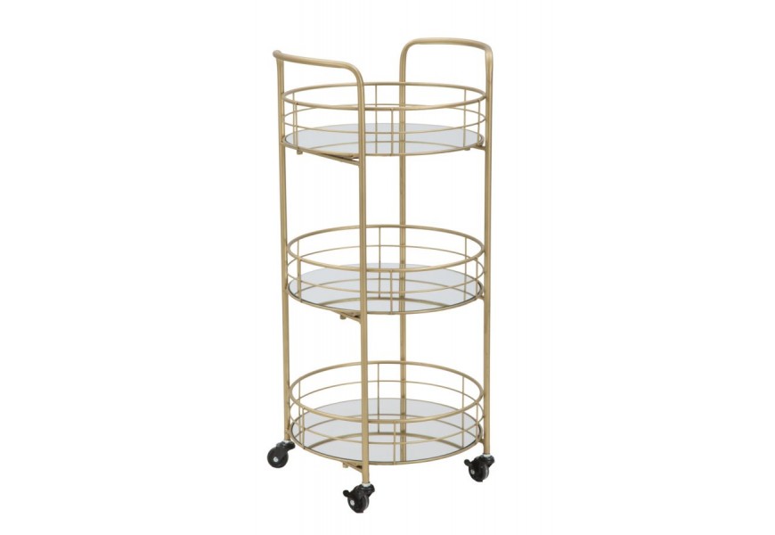 Glamour zlat&yacute; serv&iacute;rovac&iacute; voz&iacute;k Monroe okr&uacute;hleho tvaru s troma poličkami so zrkadlami na kolieskach 78 cm 