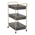 Art deco obdĺžnikový kovový zlato čierny servírovací vozík Zero na kolieskach s tromi úložnými boxmi 81 cm