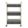 Art deco obdĺžnikový kovový zlato čierny servírovací vozík Zero na kolieskach s tromi úložnými boxmi 81 cm