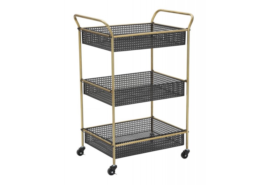 Glamour odkladací box Zero s tromi úložnými poličkami  v čiernej farbe na kolieskach s nožičkami v zlatej farbe z kovu