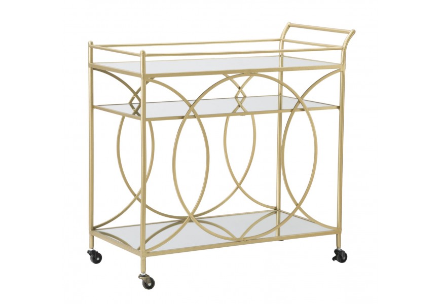 Glamour servírovací vozík Nazar s tromi policami zo zrkadla v obdĺžníkovom tvare na koleskách s konštrukciou z kovu v zlatej farbe