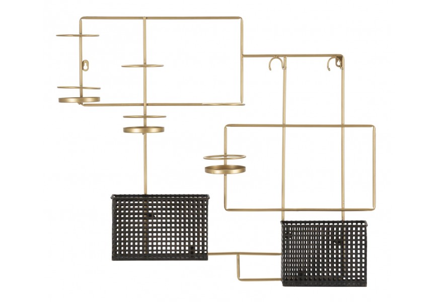 Glamour vinotéka na zavesenie Lenan z kovu v zlatej farbe s leskom s tromi držiakmi na flaše a dvomi držiakmi na poháre s dvomi čiernymi kovovými košíkmi
