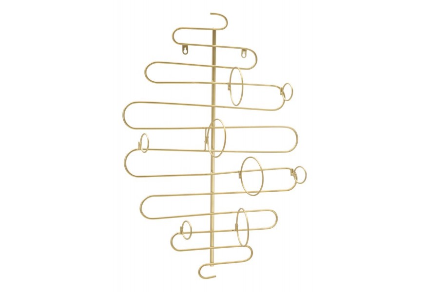 Glamour nástenný držiak na víno Malos z kovu v zlatej farbe s vlnitým tvarom so štyrmi držiakmi na vínové fľaše so stredovou tyčou