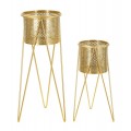 Glamour set dvoch kvetináčov Lemio v oválnom tvare s perforovanými vzormi z kovu v zlatej farbe so stojanmi z tenkých tyčí v trojuholníkovom tvare