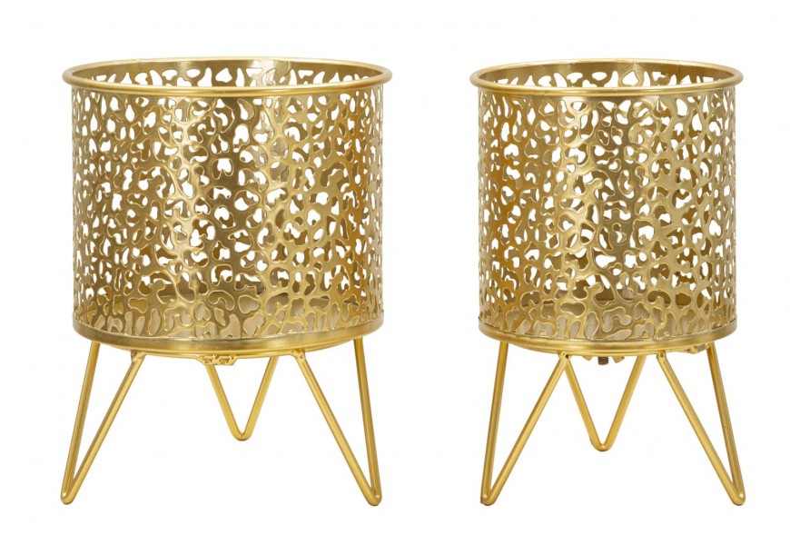 Glamour sada dvoch kvetináčov Amaya s perforovaným dekoratívnym košíkom so zlatým okrúhlym rámom a trojuholníkovými nohami