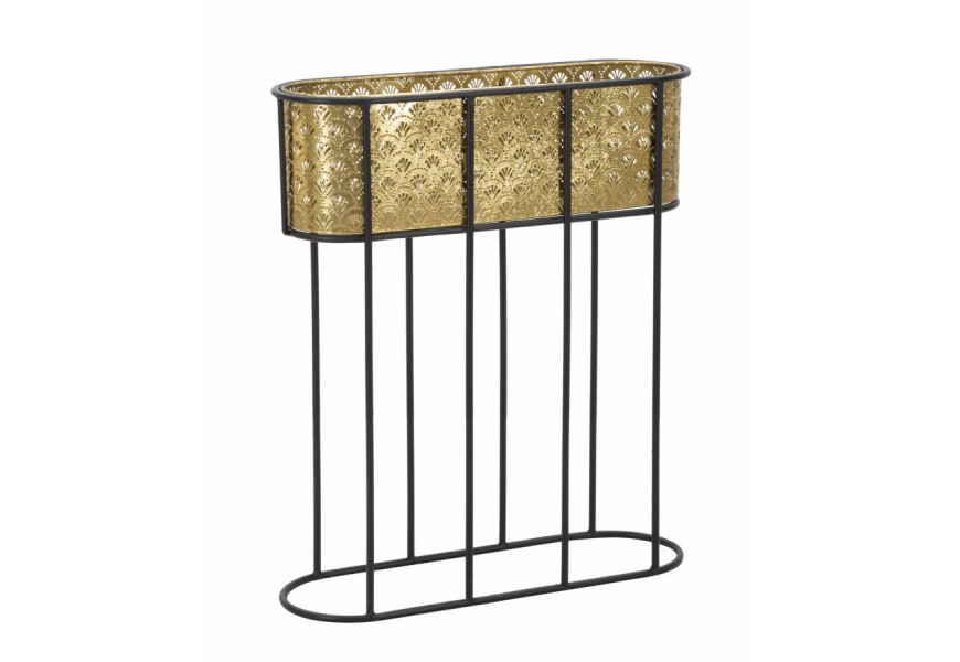 Glamour kovový kvetináč Viviana s oválnym perforovaným zlatým košíkom s dekoratívnym vzorom mušlí a čiernym rámom