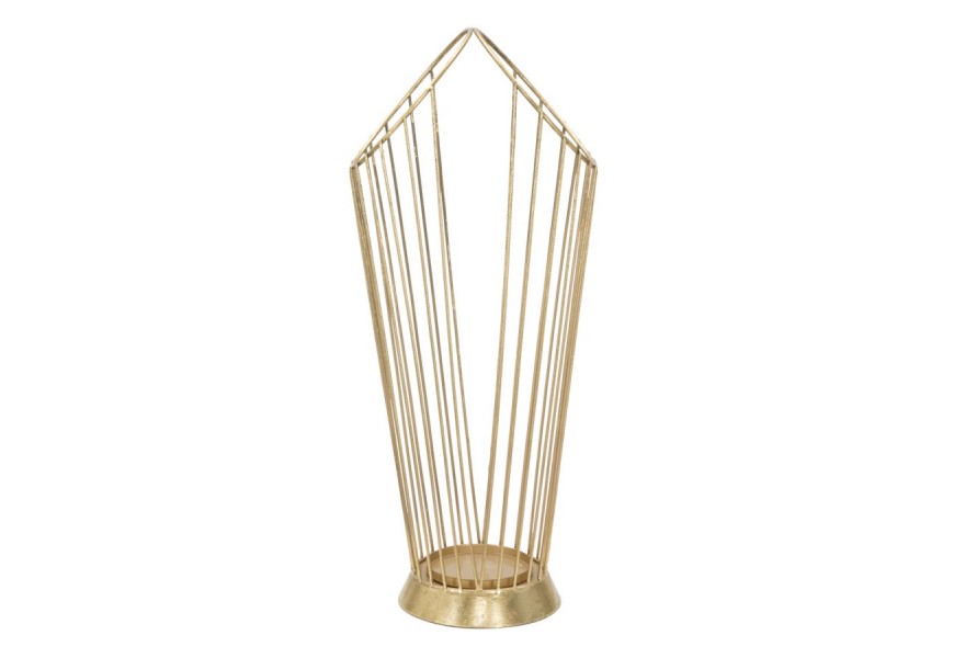 Art deco stojan na dáždniky Cassia s okrúhlym kovovým rámom v zlatej farbe a dvojitým držiakom v hornej časti