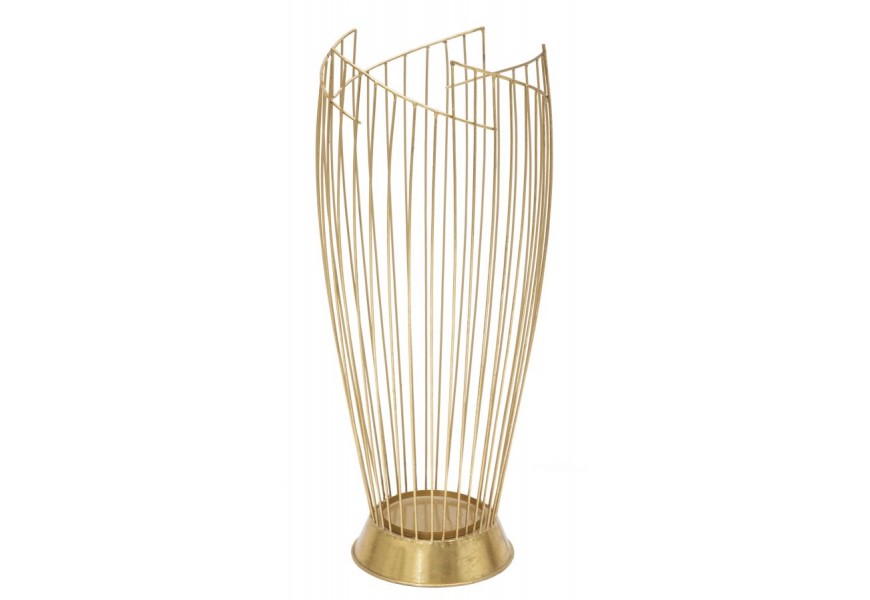 Glamour stojan na dáždniky Ophelia s kovovým rámom v zlatej farbe s okrúhlou podstavou a asymetrickým vrchom