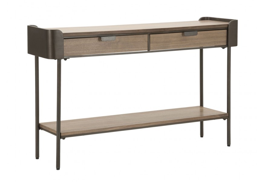 Moderný konzolový stolík Lavient z masívneho dreva v hnedej farbe s konštrukciou a oblými rohmi v hnedej farbe a dvomi zásuvkami a jednou poličkou