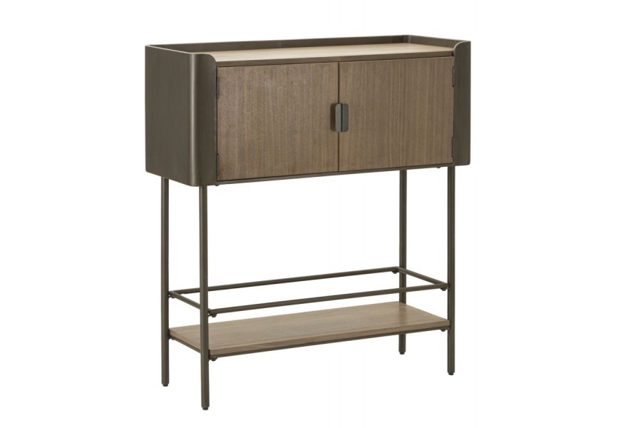 Industriálna dvojdverová obdĺžniková hnedá barová skrinka Lavient s kovovou konštrukciou s oblými rohmi a poličkou 110 cm 