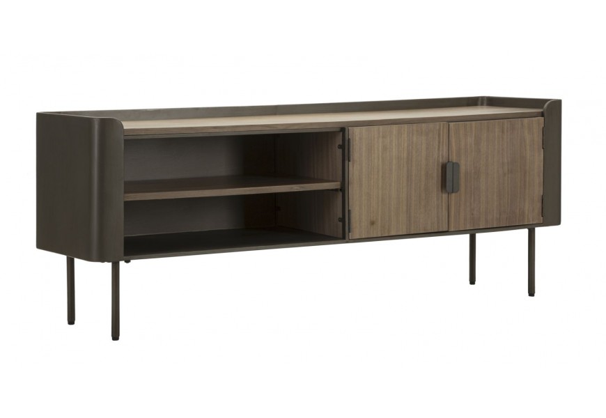 Moderný televízny stolík Lavient v obdĺžnikovom tvare z dreva s konštrukciou s oblými rohmi z kovu v hnedej farbe s dvomi poličkami a dvomi dvierkami
