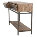 Industriálny masívny hnedý obdĺžnikový konzolový stolík Berignone s dvomi zásuvkami a poličkou s kovovými nožičkami 118 cm