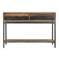 Industriálny masívny hnedý obdĺžnikový konzolový stolík Berignone s dvomi zásuvkami a poličkou s kovovými nožičkami 118 cm