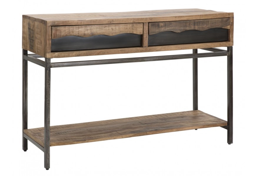 Industriálny konzolový stolík Berignone z akáciového dreva v svetlej hnedej farbe s výraznou štruktúrou s dekoratívnym dreveným tmavým hnedým efektom na dvoch zásuvkách a s poličkou s kovovou konštrukciou