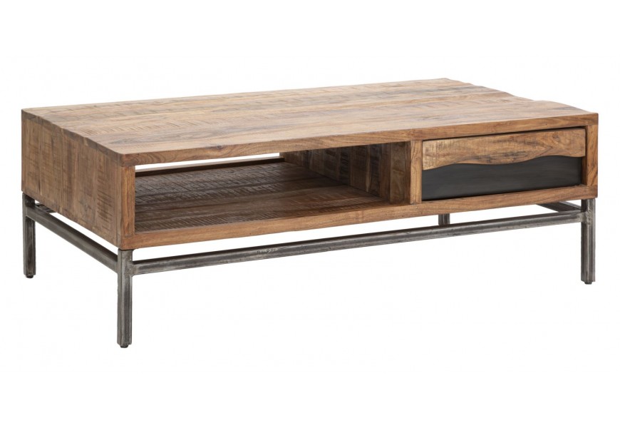Industriálny konferenčný stolík Berignone v obdĺžnikovom tvare s úložným priestorom s doskou v tmavej hnedej farbe s dreveným dekoratívnym efektom z masívneho akáciového dreva s konštrukciou z kovu