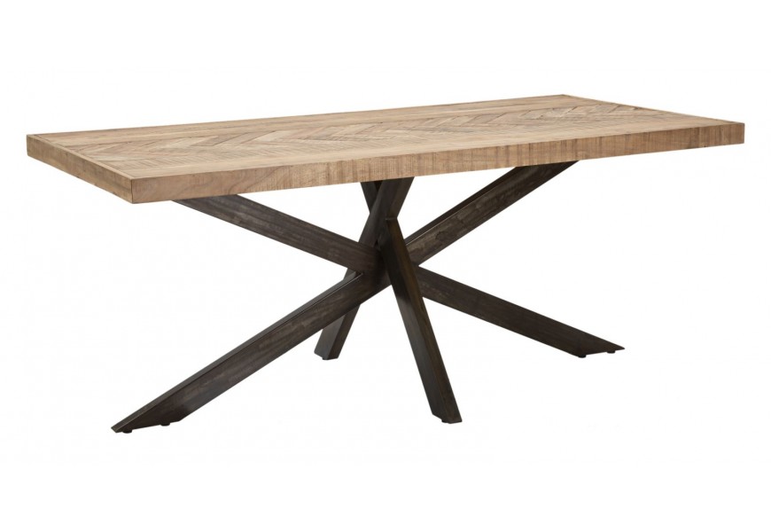 Masívny obdĺžnikový jedálenský stôl Aleron z hnedého akáciového dreva s dekoratívnym parketovým vzorom uprostred dosky s čiernymi stabilnými skríženými nožičkami v tmavo hnedej farbe