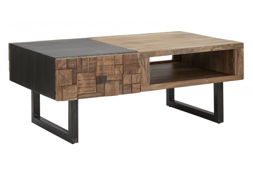 Industriálny konferenčný stolík Cubilio so zásuvkami a policou z hnedého akáciového dreva s tmavohnedou doskou