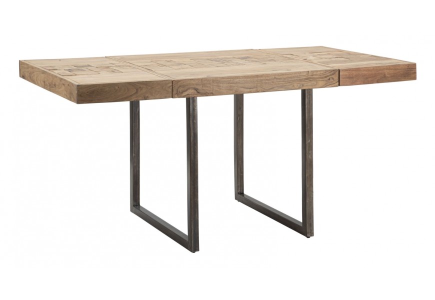 Industriálny rozkladací jedálenský stôl Cubilio s hnedým akáciovým drevom mozaikovým vzorom na doske a čiernymi kovovými nožičkami