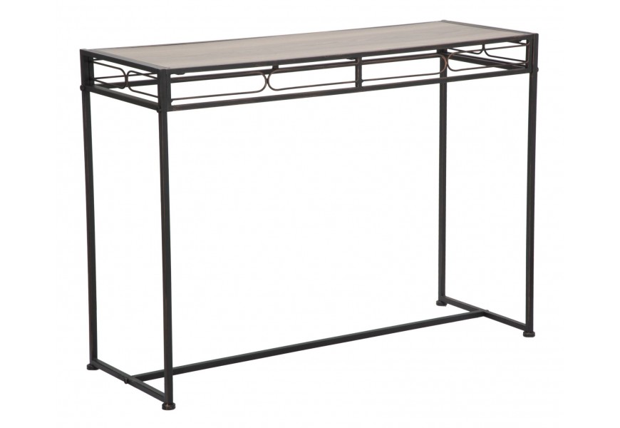 Industriálny obdĺžnikový konzolový stolík Kenton s vrchnou hnedou drevenou doskou s geometrickými detailmi s kovovou konštrukciou s čiernou matnou povrchovou úpravou