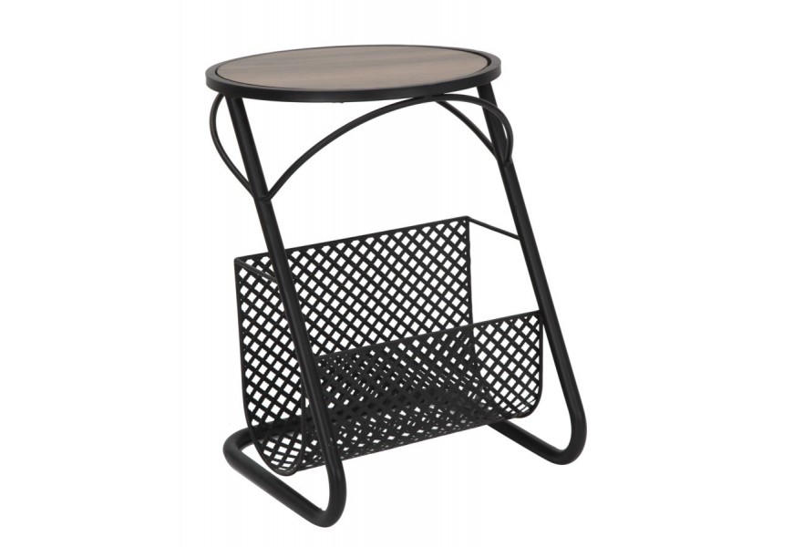 Industriálny príručný stolík so stojanom na časopisy Lennox z kovu v čiernej farbe s okrúhlou drevenou hnedou doskou 50 cm