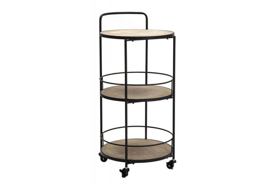 Vintage servírovací vozík Edgar s čiernou okrúhlou kovovou konštrukciou s tromi drevenými okrúhlymi hnedými policami s patinovaným efektom s motívom rybej kosti s ergonomickou úchytkou na kolieskach s brzdami
