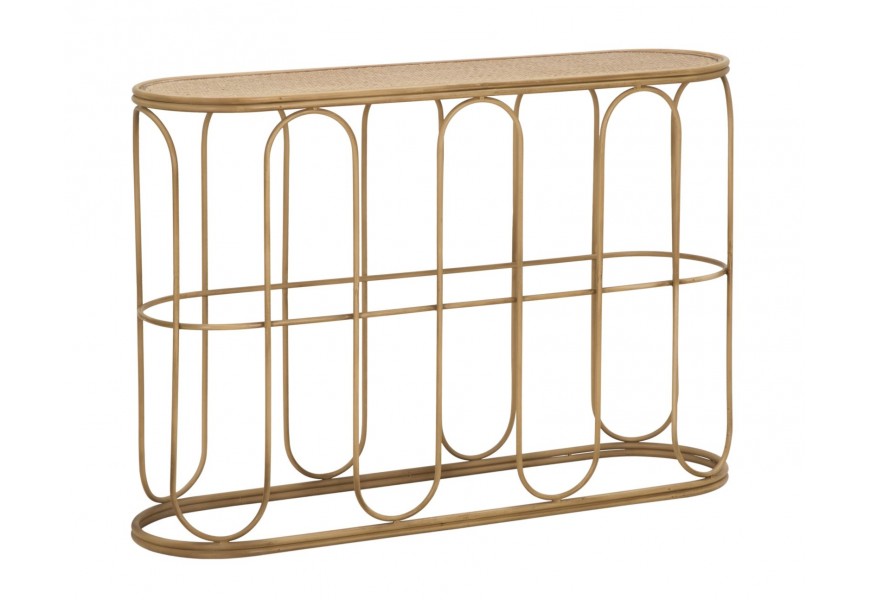 Dizajnový moderný hnedý konzolový stolík Ponio oblých tvarov s konštrukciou z prírodného ratanu s vrchnou doskou s košíkovým výpletom s dolnou podstavou