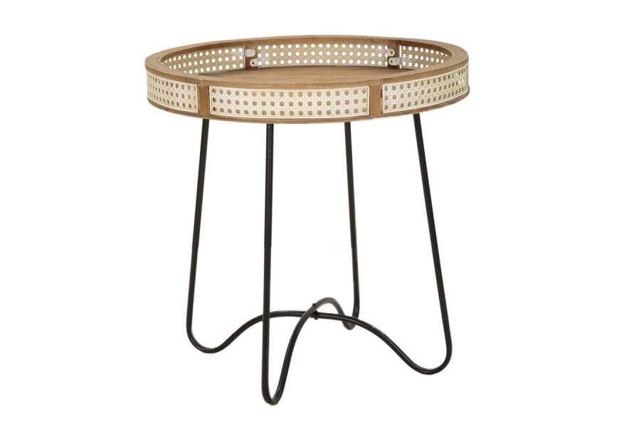 Etno príručný stolík Aran v okrúhlom tvare s viedenským výpletom z ratanu v hnedej farbe s dreveným rámom s nožičkami z kovu v čiernej farbe