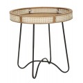 Etno príručný stolík Aran v okrúhlom tvare s viedenským výpletom z ratanu v hnedej farbe s dreveným rámom s nožičkami z kovu v čiernej farbe