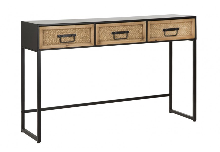 Industri&aacute;lny obdĺžnikov&yacute; kovov&yacute; čierny konzolov&yacute; stol&iacute;k Herringbone s tromi z&aacute;suvkami s v&yacute;pletom so vzorom s rybej kosti 120 cm