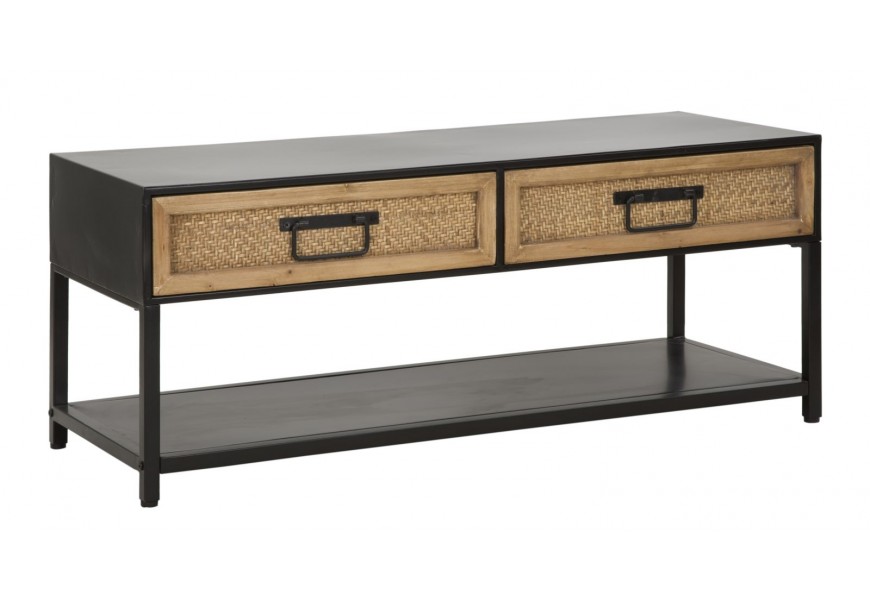 Industriálny televízny stolík Herringbone v obdĺžnikovom tvare s dvomi zásuvkami s výpletom so vzorom rybej kosti v hnedej farbe s hnedým dreveným rámom s kovovými čiernymi úchytkami s konštrukciou z kovu v čiernej farbe s poličkou