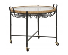 Moderný dizajnový okrúhly kovový príručný stolík Pavone s čiernymi nožičkami so sklenenou doskou s ratanovým rámom 70 cm