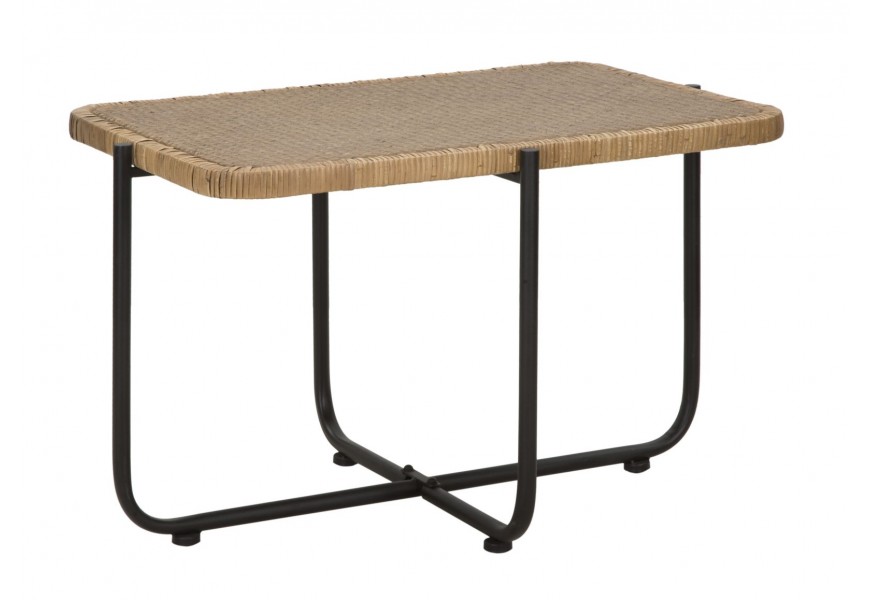 Moderný obdĺžnikový hnedý ratanový konferenčný stolík Pavone s kovovými čiernymi nožičkami 75 cm