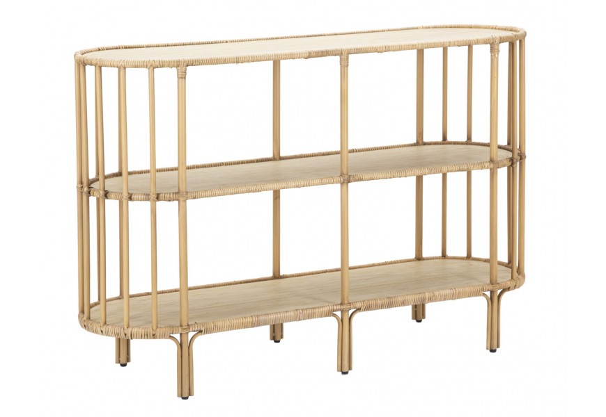 Etno konzolový stolík Lania v obdĺžnikovom tvare s oblými rohmi z ratanu s tromi poličkami v hnedej farbe so šiestimi nožičkami