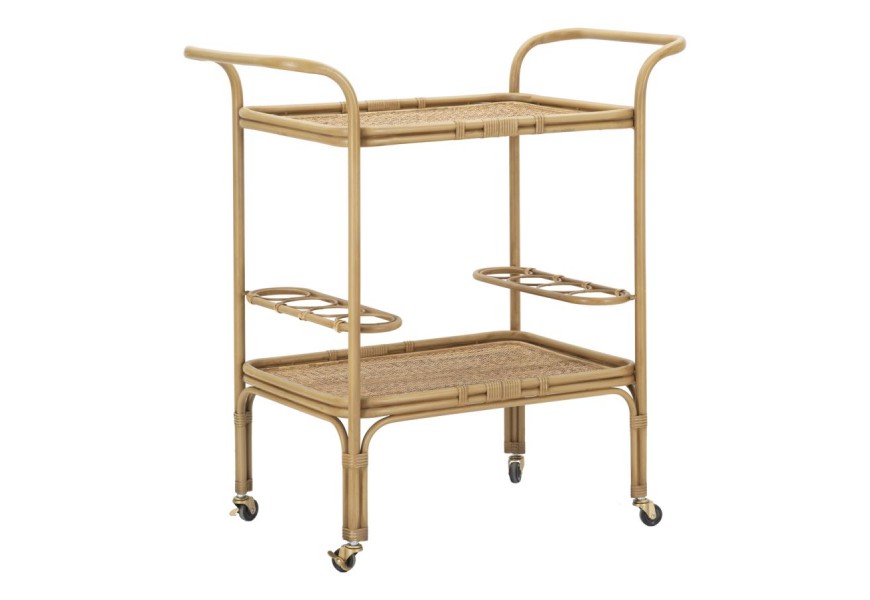 Etno ratanov&yacute; kovov&yacute; svetlo hned&yacute; serv&iacute;rovac&iacute; voz&iacute;k Lania na kolieskach s dvomi policami a &ocirc;smimi držiakmi na fľa&scaron;e 87 cm 