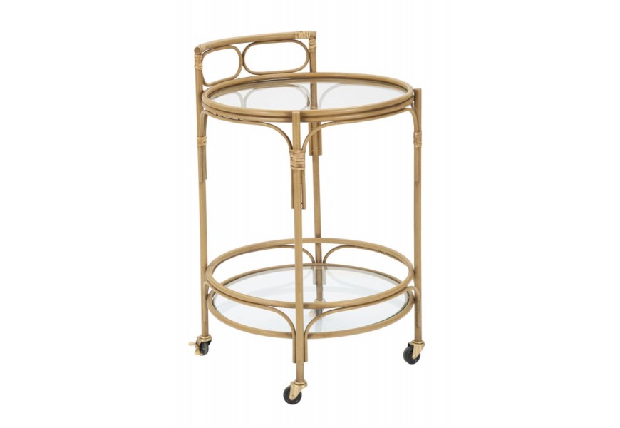 Etno okrúhly ratanový kovový servírovací vozík Lania v hnedej svetlej farbe na kolieskach s dvomi zrkadlovými policami 74 cm