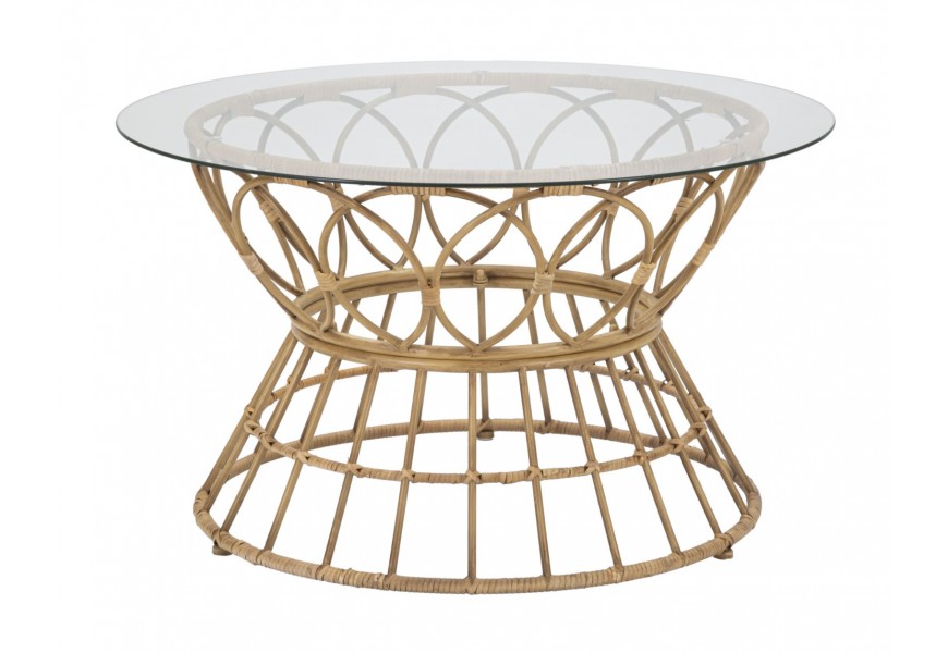 Etno konferenčný stolík Lania v okrúhlom tvare s nohou z kovu v podobe ratanu v hnedej farbe s vrchnou doskou zo skla