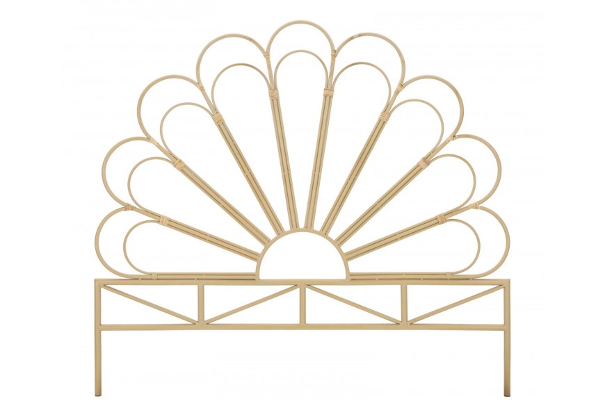 Etno čelo postele Lania z kovu v tvare kvetu s obdĺžnikovým spodným dielom s uhlopriečkami a dvomi opornými nožičkami s ratanovým vzhľadom