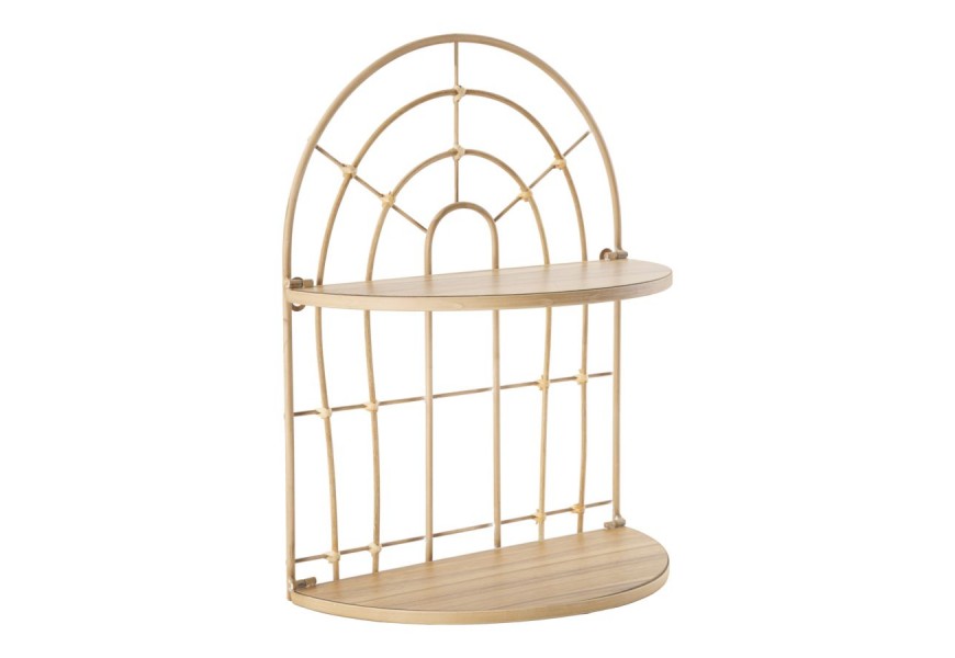 Etno nástenná hnedá polica Lania v oblúkovom tvare z kovu a ratanu s dekoratívnym geometrickým vzorom v zadnej časti so stabilnou konštrukciou a dvomi praktickými policami