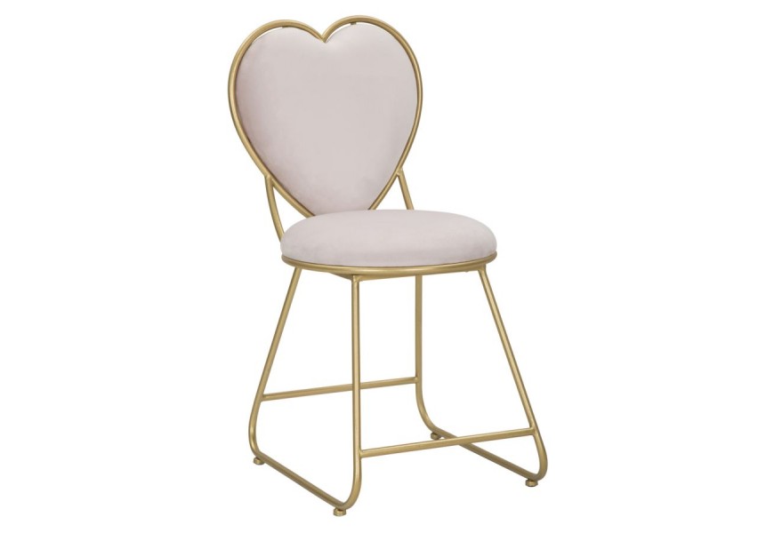 Glamour čalúnená jedálenská stolička Amorattia s konštrukciou z kovu v lesklej zlatej farbe a chrbtovou opierkou s dizajnom srdca s poťahom zo zamatu v svetlej ružovej farbe