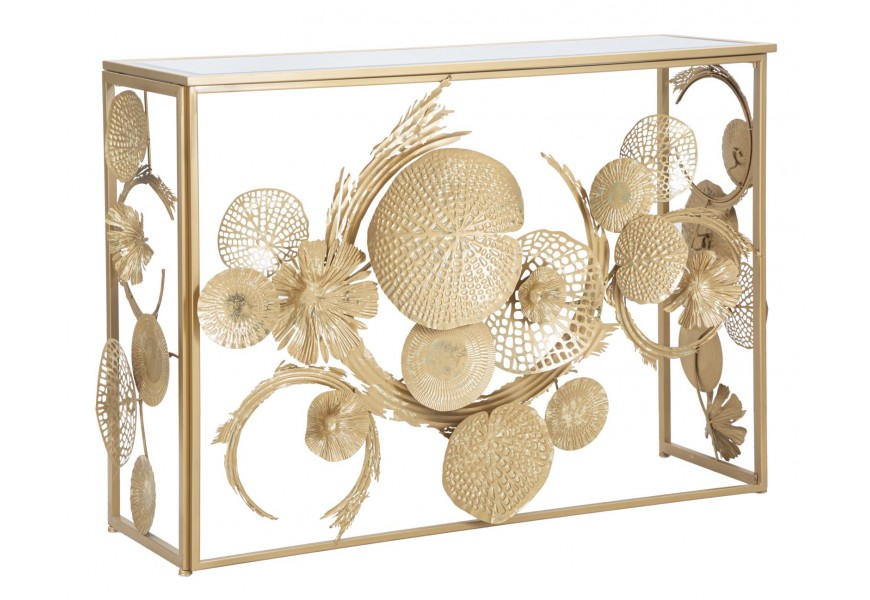 Zrkadlový glamour obdĺžnikový konzolový stolík Floral s kovovou konštrukciou v zlatej farbe s florálnym zdobením v podobe kvetov a listov a vrchnou doskou zo zrkadlového skla
