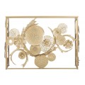 Dizajnový glamour zlatý konzolový stolík Floral s obdĺžnikovou zrkadlovou doskou a kovovou podstavou s florálnym zdobením 114 cm