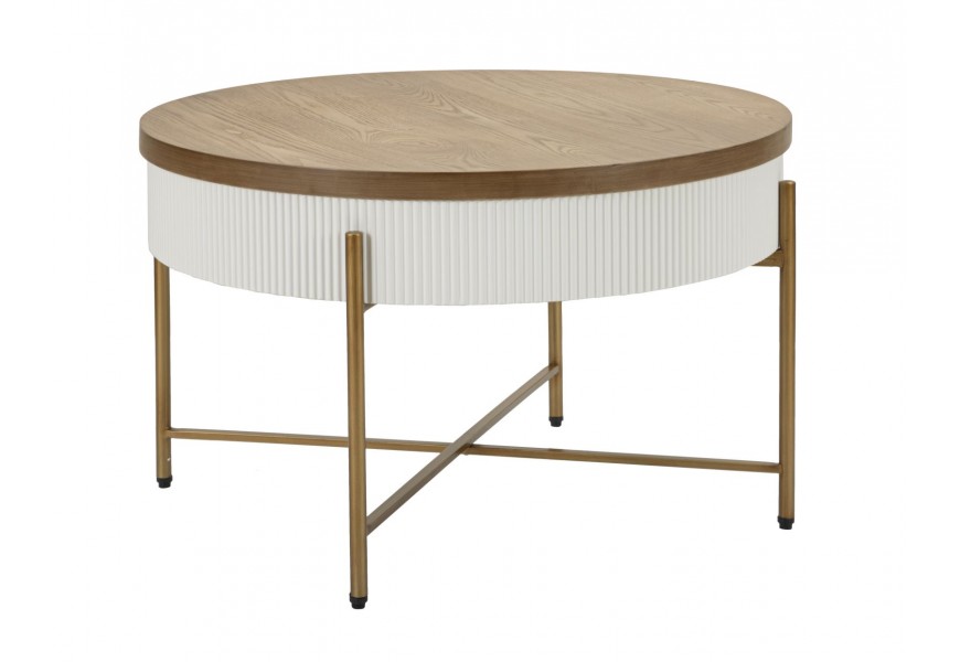 Dizajnový glamour konferenčný stolík Glamia Blanc s odnímateľnou okrúhlou vrchnou doskou v prírodnej hnedej farbe a bielym úložným priestorom s drážkovaným zdobením po obvode a kovovými nožičkami v zlatej farbe
