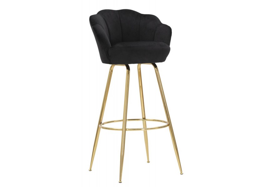 Art deco čierna barová stolička Florencia s tvarovaným operadlom a zlatými kovovými nožičkami 110 cm