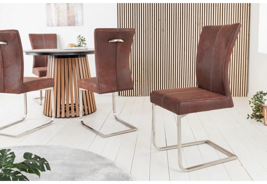 Moderná kožená hnedá konzolová jedálenská stolička Samson s čalúnením a kovovou U podstavou bez opierok 95 cm