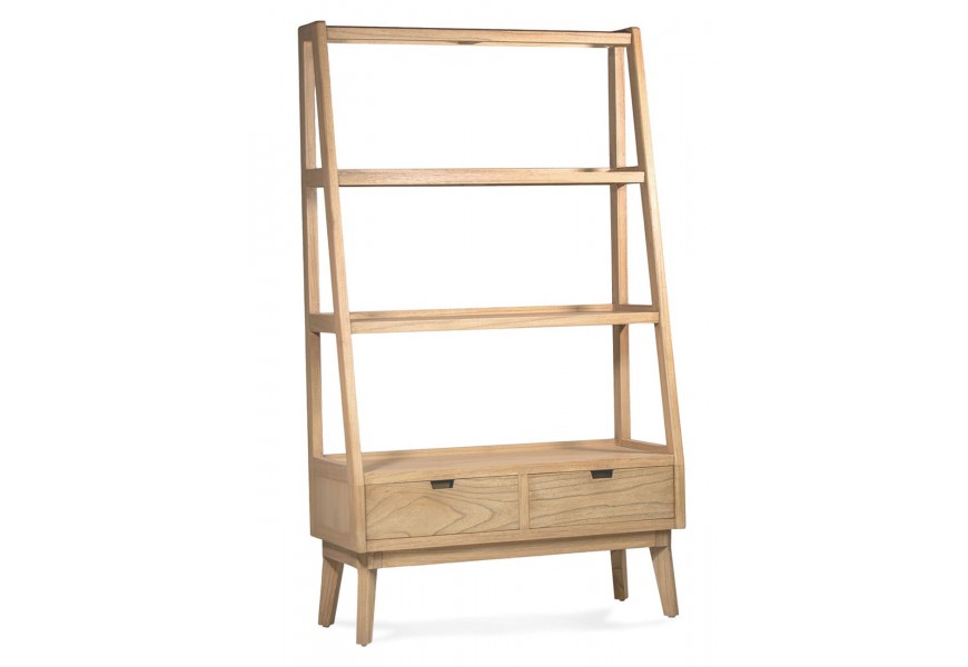 Masívna škandinávska knižnica Bergen v svetlo hnedej farbe z dreva mindi s dvoma úložnými zásuvkami v spodnej časti a troma policami rôznych veľkostí v rebríkovom ráme