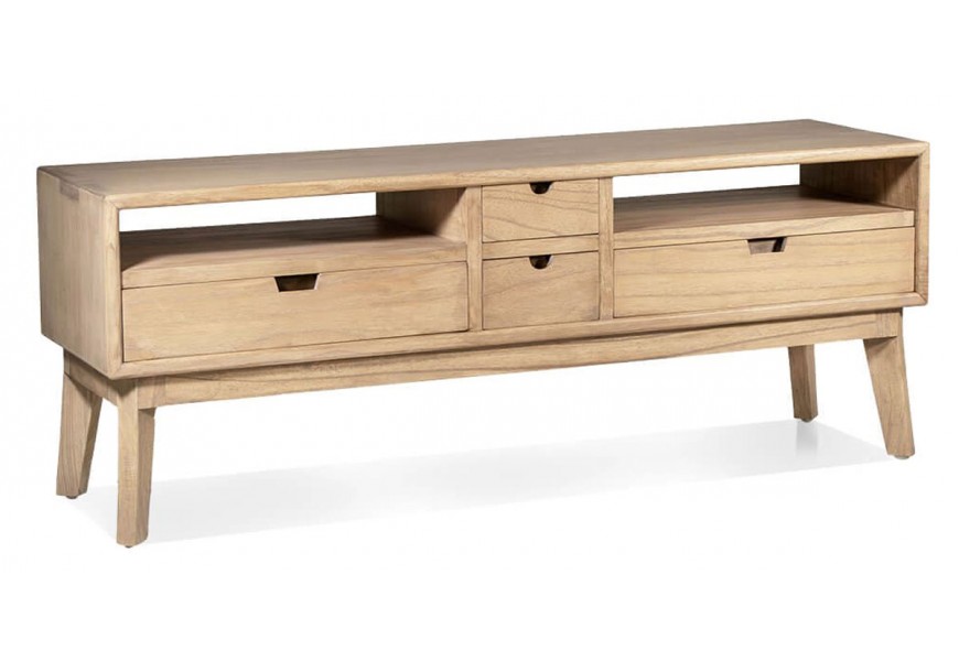 Severský dizajnový televízny stolík Bergen z masívneho dreva mindi so štíhlymi skosenými nožičkami v prírodnej svetlohnedej farbe a štyrmi zásuvkami rôznych veľkostí s dvomi otvorenými poličkami