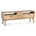 Severský dizajnový televízny stolík Bergen z masívneho dreva mindi so štíhlymi skosenými nožičkami v prírodnej svetlohnedej farbe a štyrmi zásuvkami rôznych veľkostí s dvomi otvorenými poličkami