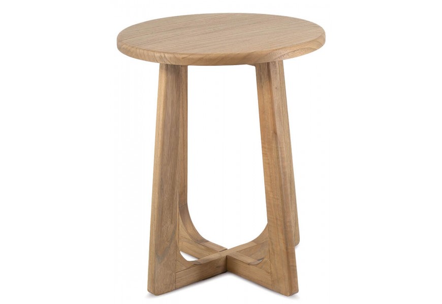 Severský dizajnový okrúhy príručný stolík Bergen v škandinávskom štýle z prírodného dreva mindi s okrúhlou doskou a tvarovanou prekríženou podstavou štyroch nožičiek v svetlohnedej farbe