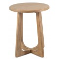 Severský dizajnový okrúhy príručný stolík Bergen v škandinávskom štýle z prírodného dreva mindi s okrúhlou doskou a tvarovanou prekríženou podstavou štyroch nožičiek v svetlohnedej farbe