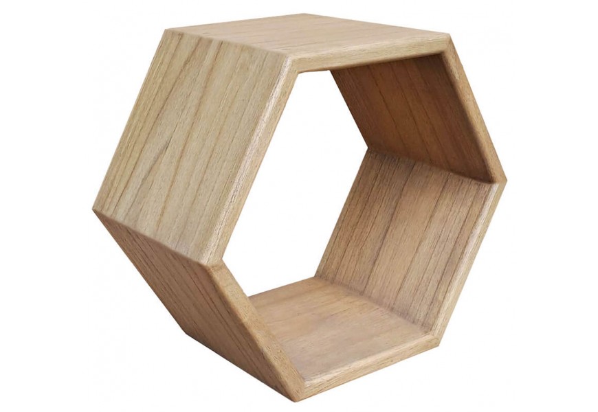 Dizajnová severská hexagonová hnedá šesťuholníková masívna atypická nastenná polica Bergen s otvoreným dizajnom geometrického tvaru s hladkými hranami